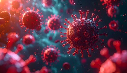 Microscopic view of numerous red coronavirus particles floating in a fluid environment, highlighting the virus's structure.