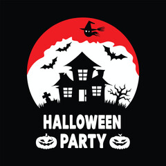 Halloween Party with Spooky House Bats Witch and Pumpkins a T-Shirt Design