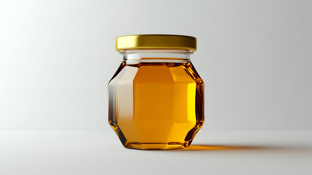 A small faceted glass jar filled with golden amber honey sealed with a shiny gold lid isolated on a light gray background