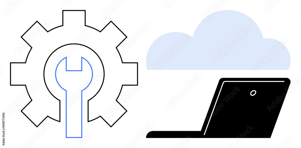 Poster gear with wrench, cloud, and laptop representing cloud computing, software tools, and it services. i