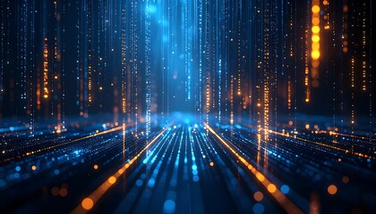 Abstract digital scene, with glowing streams of orange and blue light descending from above, creating a futuristic vibe