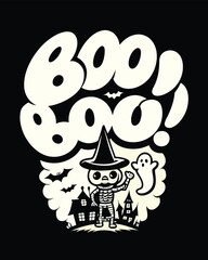 Whimsical Halloween Design Featuring Skeleton Witch Ghost and Boo Message