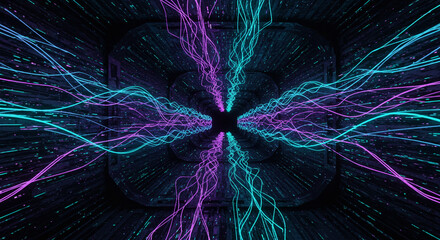 Dynamic neon energy streams flow through futuristic dark tunnel, representing data transfer and digital innovation