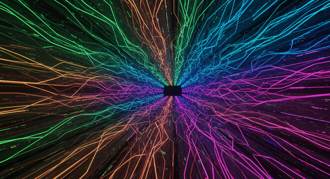 Dynamic neon light trails burst from dark tunnel creating vibrant abstract energy flow for futuristic technology concepts - Powered by Adobe
