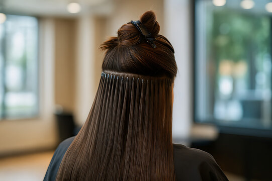 Women transforming looks with professional hair extension in salon