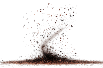 Exploding red pepper flakes against a white background form a dynamic wave from concentrated to dispersed particles