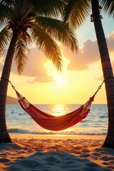 Golden hour sunlight bathes a hammock strung between two palm trees, gently swaying in a warm summer breeze Perfect for relaxation and escape , rest, scene, leisure