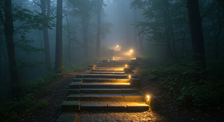 Mysterious stone staircase ascends through a foggy forest illuminated by warm, inviting lights creating an enchanting atmosphere