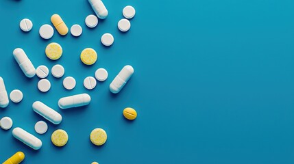 Pharmaceutical assortment of capsules and tablets placed over vivid blue background