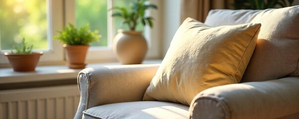 Plush Cushion on Comfortable Armchair in Sunlit Living Room, Peaceful Home Decor, Relaxation and Comfort