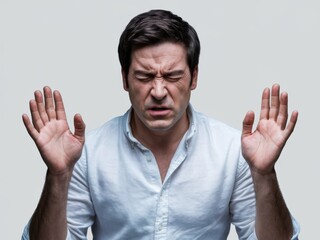 Man Expressing Disgust, Rejection, or Pain with Hands Up - Portrait of a Person with Negative Emotion on Isolated Background