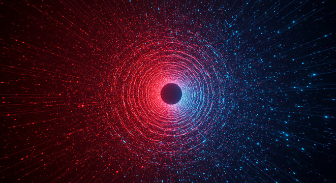 Dazzling abstract vortex of vibrant red and blue particles creates a dynamic tunnel of light for futuristic science and technology concepts