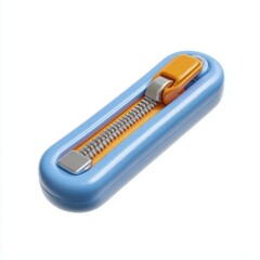 Compact blue and orange utility knife with retractable blade on white background