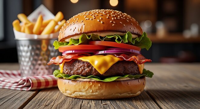 Gourmet Bacon Cheeseburger with French Fries.