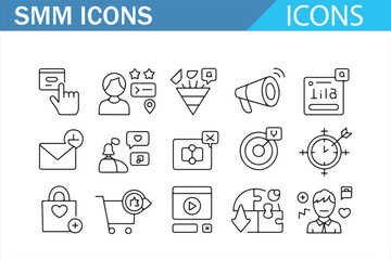 Online marketing icons collection with analytics, notifications, and chat outline art