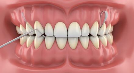 Obraz premium Achieve a radiant smile with professional dental flossing technique, ensuring pristine oral hygiene and gum health for ultimate confidence.