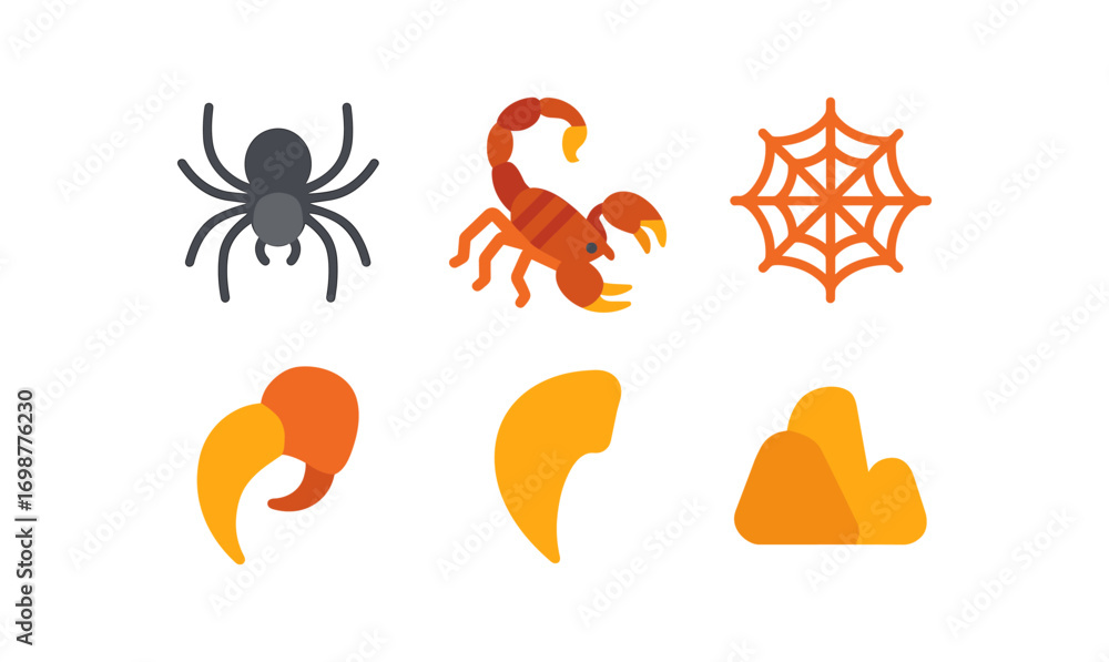 Poster flat style spider and scorpion icons with web and claws in minimalist design