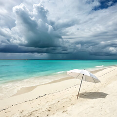 Dramatic dark storm clouds gather over a serene turquoise ocean and a deserted white sand beach with a lone umbrella casting a shadow