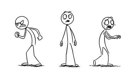 Stick figures expressing anger, surprise, and fear in sequence  