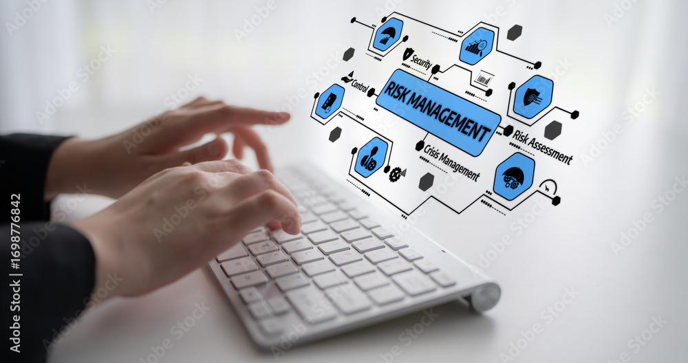 Poster A focused view of hands typing on a keyboard, surrounded by icons and diagrams representing key concepts in risk management, highlighting assessment and strategic planning. Tessel