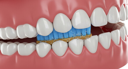 Obraz premium Sparkling white teeth get a thorough clean as a blue toothbrush with toothpaste and water bubbles scrubs away plaque