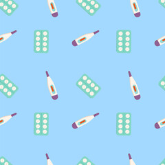 Vector seamless medical pattern on light blue with digital thermometers and blister tablets. Clean flat style for pharmacy packaging, healthcare branding, clinic wallpapers and flu-season visuals