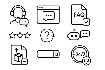 E-commerce Support Icons. Line style icons of customer support in e-commerce: headset icon with chat, live chat window, FAQ file,