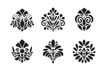 Collection of six black floral damask ornate decorative motifs