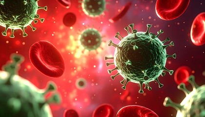 Microscopic view of viruses and red blood cells in a red environment, depicting infection and disease.