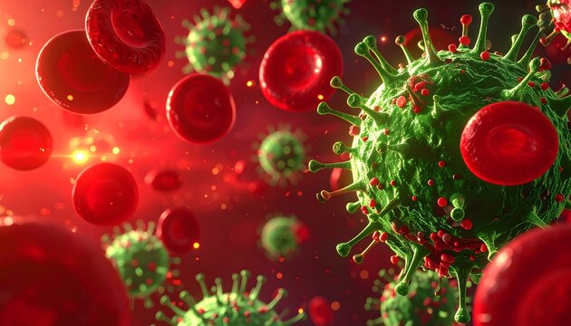 Microscopic view of red blood cells and green virus particles floating in a red fluid, possibly representing infection or disease.