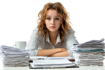Large stack of documents and papers with a cup of steaming coffee on white background illustrates overwork and burnout in office