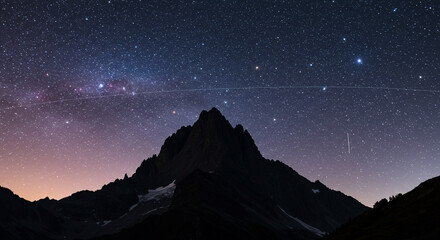 Majestic mountain peak silhouetted against a breathtaking starry night sky with vibrant nebula colors