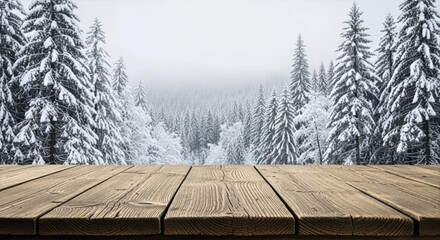 A snowy forest backdrop with a wooden plank surface creating a wintery scene for product placement use
