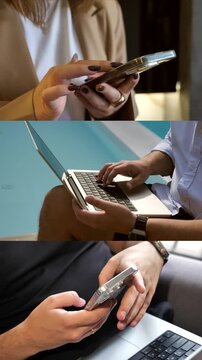 man typing text on laptop, remote work, computer and freelance writer. reading message and browsing news on internet on smartphone. collage,multiscreen