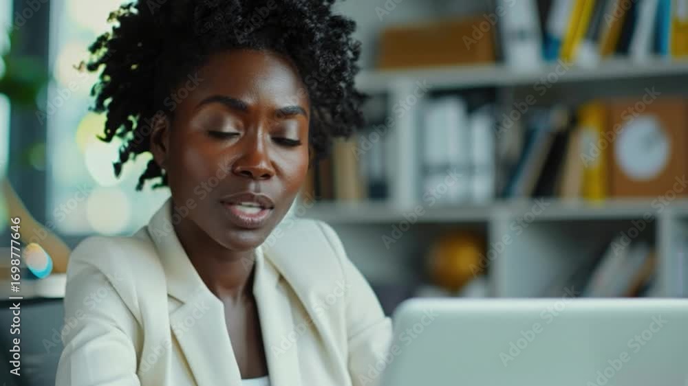 Poster a person sitting in front of a laptop computer with a calm expression, ideal for depicting work or s