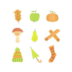 Autumn colorful set, hand drawn collection, nature and food, clothes, leaf, pumpkin, mushroom, fruit.