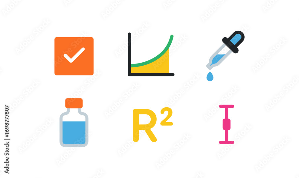 Poster data analysis icon set: check mark, graph, dropper, vial, r squared, error bar