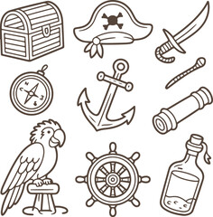 Set of hand-drawn pirate adventure icons and nautical symbols vector illustration