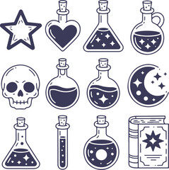 Collection of magical witchcraft and alchemy line art icon doodles vector set 174