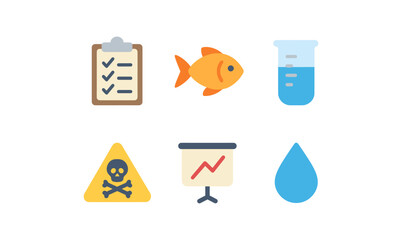 Colorful science and safety icons set featuring fish and water elements
