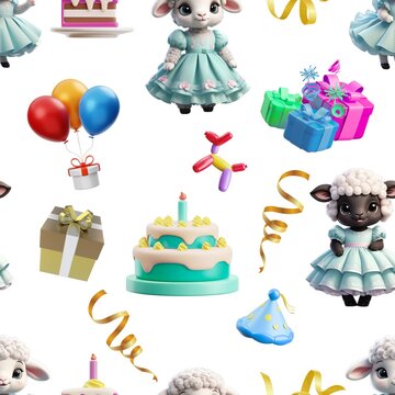 Cute Sheep Birthday Seamless Pattern with Balloons, Cake, Gifts, Confetti, Stars, and Party Flags