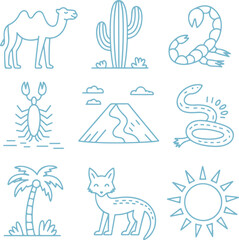 Minimalist Line Art Icons A Comprehensive Set of Desert Flora, Fauna, and Landscape Elements