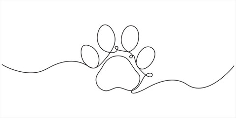 Continuous one line drawing of a animal paw pad, One line drawing of a dog paw print in minimalist vector outline style, isolated on white background. © Vector Man