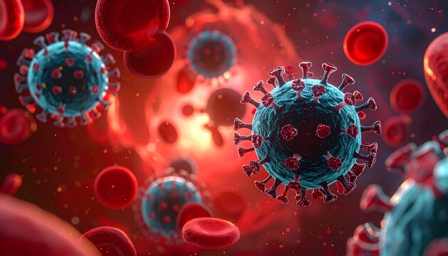 Microscopic view of Coronavirus particles surrounded by red blood cells in a red, fluid-filled environment, illustrating viral infection.