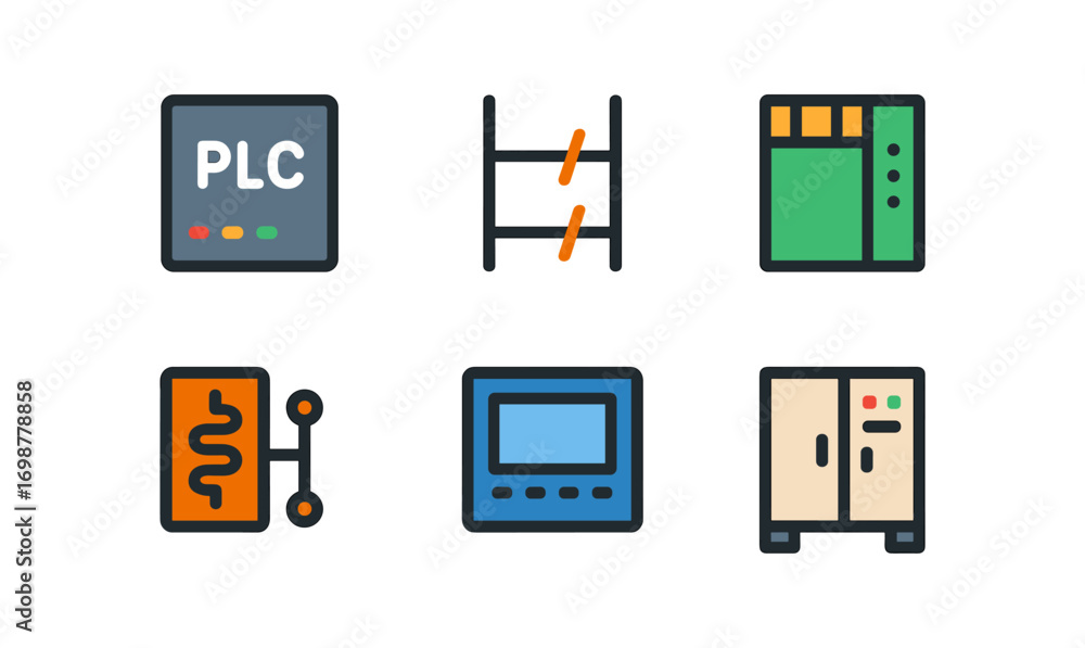 Poster industrial control system icons: simple flat design set for automation