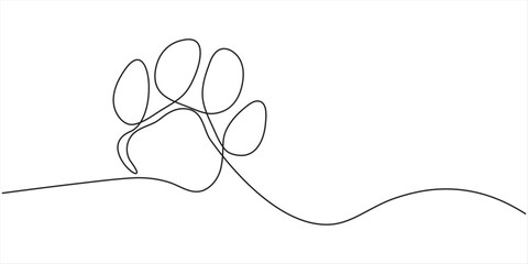 Continuous one line drawing of a animal paw pad, One line drawing of a dog paw print in minimalist vector outline style, isolated on white background. © Vector Man