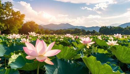 Panoramic View of a Lotus Field Under a Beautiful Sky with Mountain Backdrops