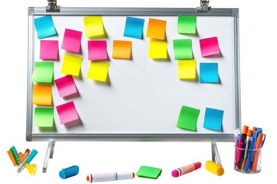 Colorful paper notes attached to a white clipboard with markers and loose paper notes scattered on a white surface, creative planning
