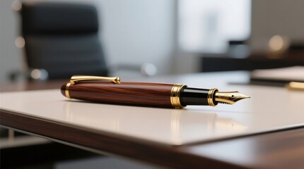 Luxury Wooden Fountain Pen with Gold Accents on a Desk – Elegant Office and Writing Tool Photography