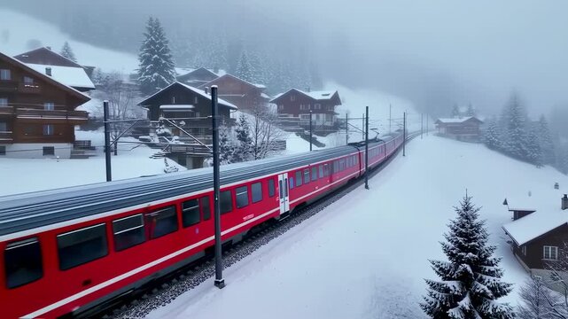 Scenic winter journey: red train passes through a snowy village in the Alps